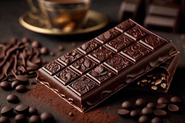 Chocolate bar with coffee beans in close view