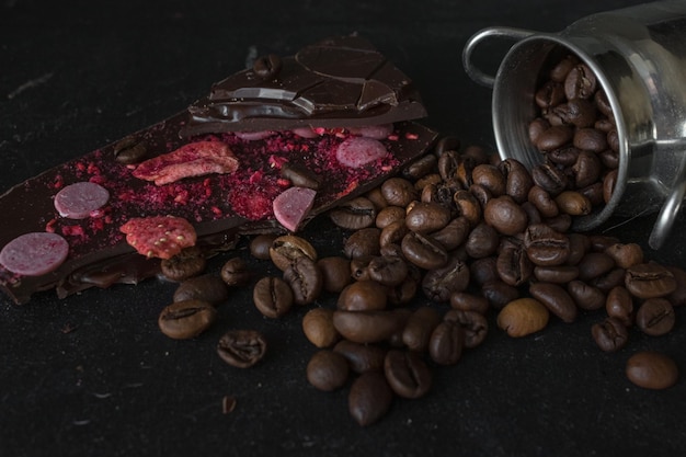 Chocolate bar with filling Coffee beans Chocolate day Sweet to coffee Gourmet dessert