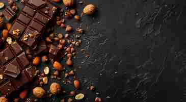 Photo a chocolate bar with nuts and nuts on a black background