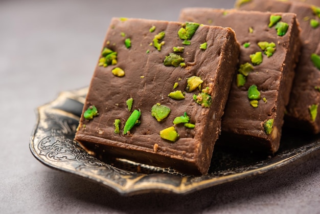 Chocolate barfi or choco burfi cake a tweak to indian dessert or sweet for festivals