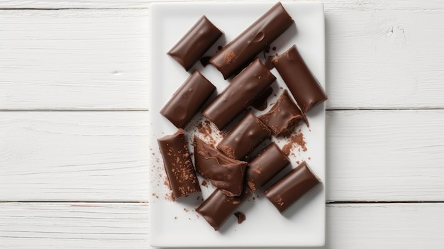 Chocolate bars on a plate on a white table