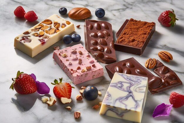 Chocolate bars with various gourmet toppings on marble surface created with generative ai