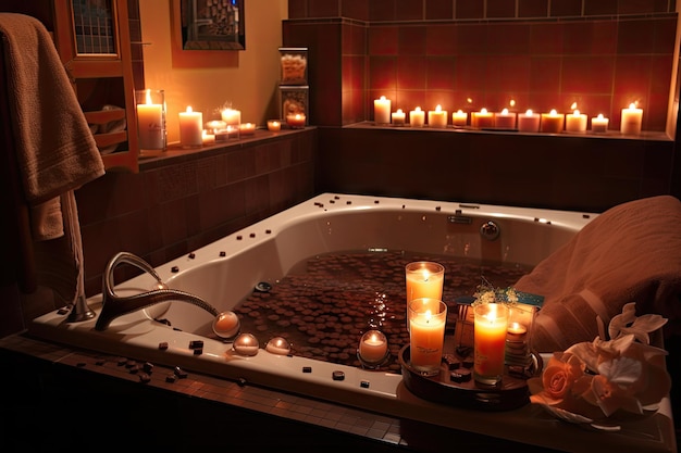 Foto bagno al cioccolato con candele profumate, musica rilassante e soffici asciugamani