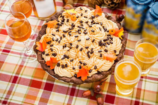 Chocolate beer and wine pairings. white chocolate salted caramel pumpkin cream pie with beer and wine for thanksgiving