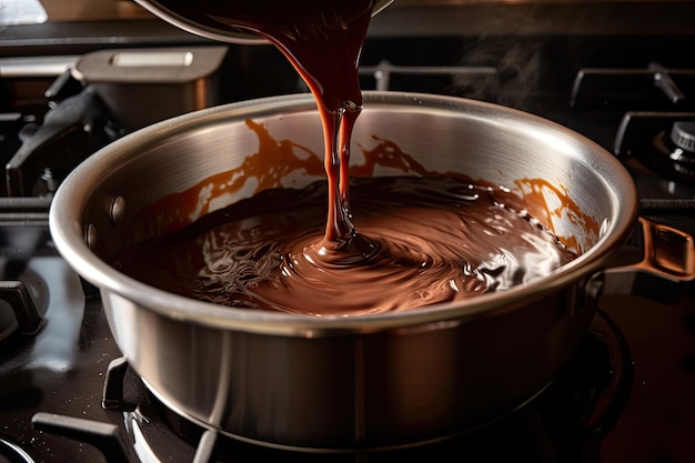 湯気から立ち上る湯気とともに二重釜でチョコレートを溶かす様子