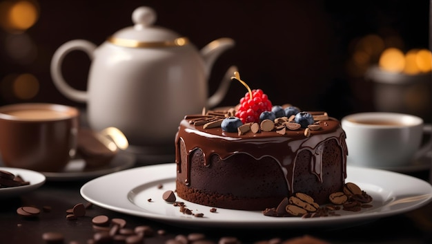 Шоколадно-ягодный торт Фотография Генеративный AI