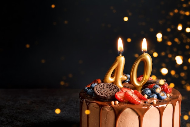 Шоколадный торт ко дню рождения с ягодным печеньем и номером сорок золотых свечей на черном фоне