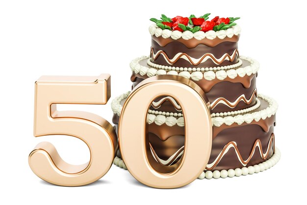 Photo chocolate birthday cake with golden number 50 3d rendering