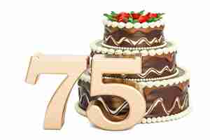 Photo chocolate birthday cake with golden number 75 3d rendering