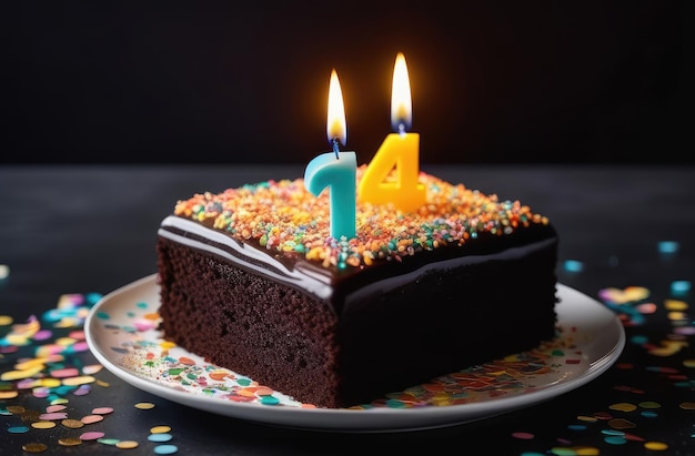 chocolate birthday cake with lighted candle in shape of number fourteen on black backdrop