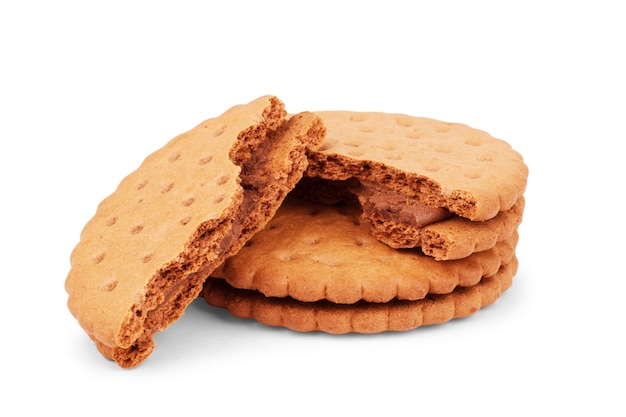 Chocolate biscuit,broken into two parts, isolated on white background