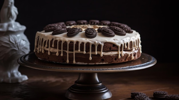 Chocolate Biscuit Cake with Cream Icing on Stand