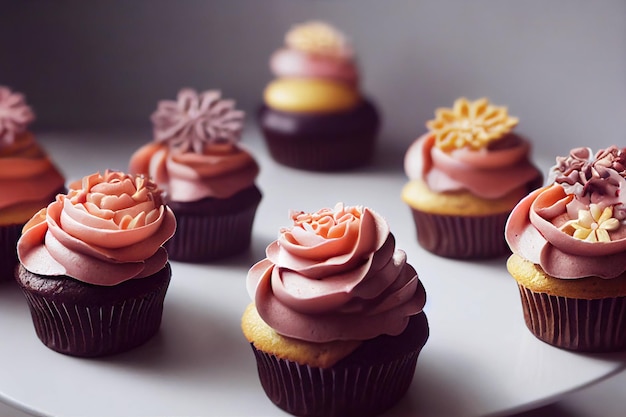 Chocolate and biscuit cupcakes with beautiful cream decorations in form of roses and flowers