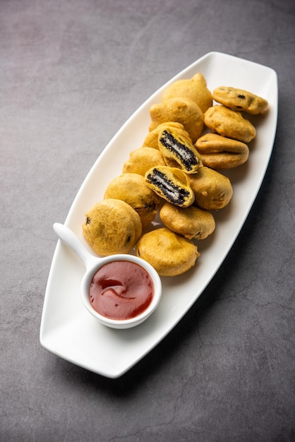 Chocolate biscuit pakora pakodas or fritters creative Indian teatime snack