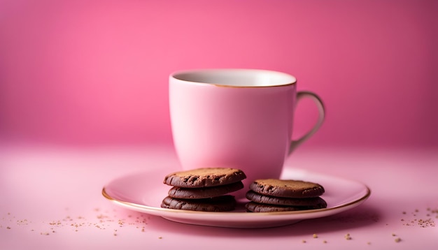 Chocolate biscuits on pink plate and coffee in white antique cup on pink background