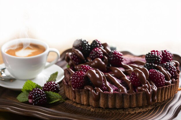 Chocolate blackberry tart with a cup of coffee