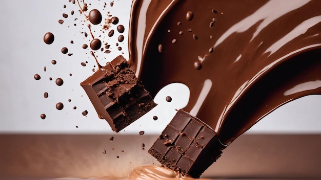 写真 aiで生成された液体チョコレートバーストに飛び散るチョコレートブロック