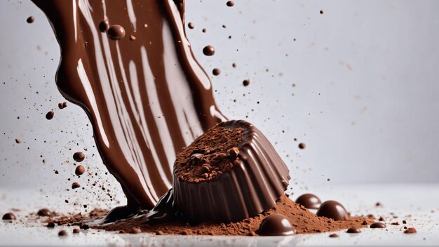 Chocolate blocks splashing into a liquid chocolate burst Generated with AI