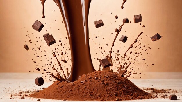 Chocolate blocks splashing into a liquid chocolate burst Generated with AI