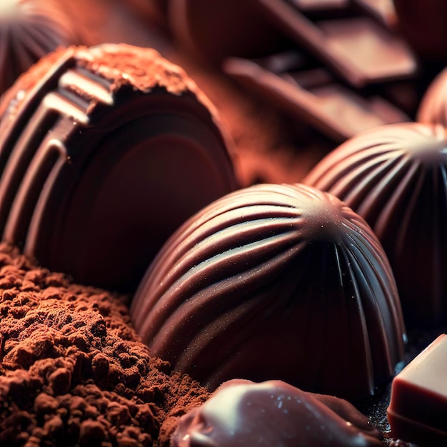 Chocolate bonbons and cocoa powder background Close up