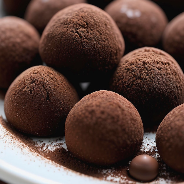 Chocolate bonbons and cocoa powder background Close up