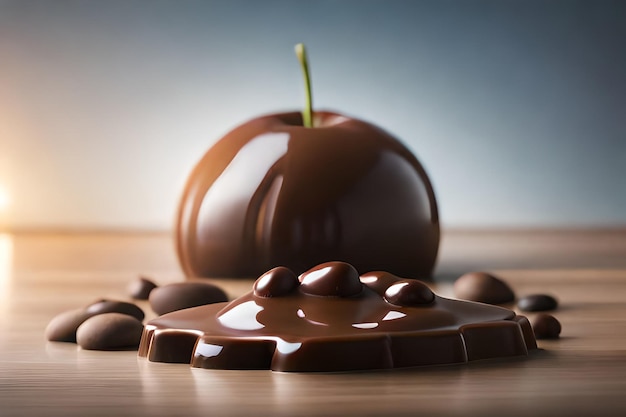 A chocolate bowl with a small green leaf on the top.