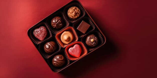 Chocolate box on red background copy space Chocolate Valentine