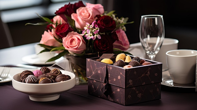 шоколадная коробка на столе с букетом цветов романтически