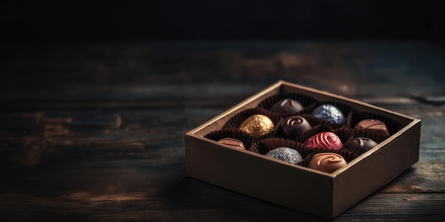 Chocolate box on wooden table on a dark background copy space