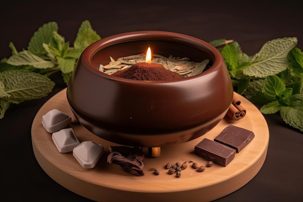 Chocolate brazier with warm chocolates and herbs for relaxing massage