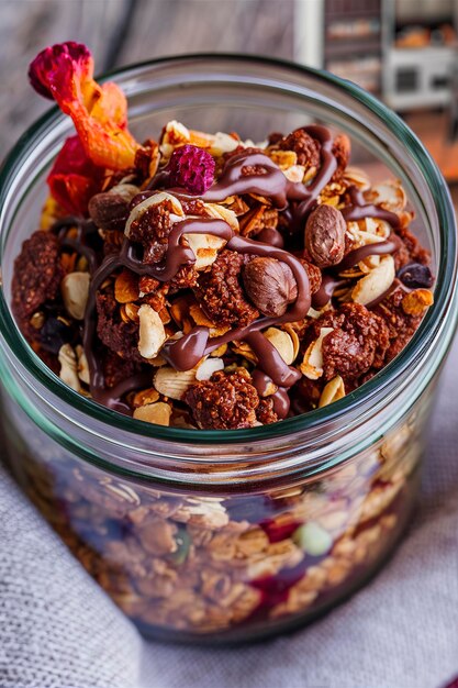 Chocolate breakfast granola in a glass jar