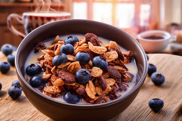 Chocolate breakfast granola with milk and blueberries