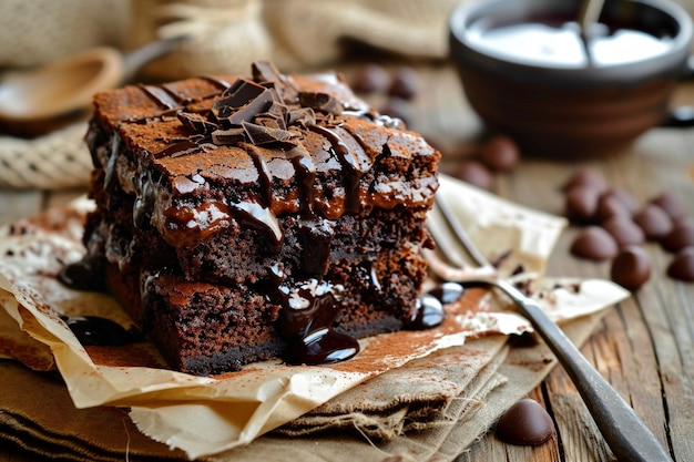 Chocolate brownie cake with ice cream balls and a glass of tea