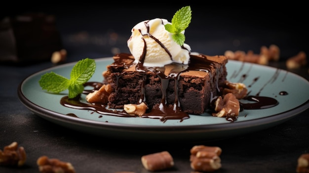 Chocolate brownie cake with ice cream on a plate on a dark plate background