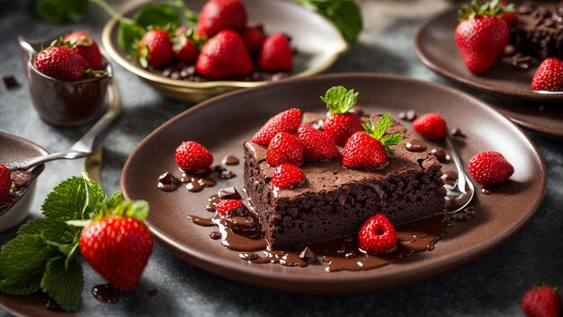 Chocolate brownie cake with strawberries