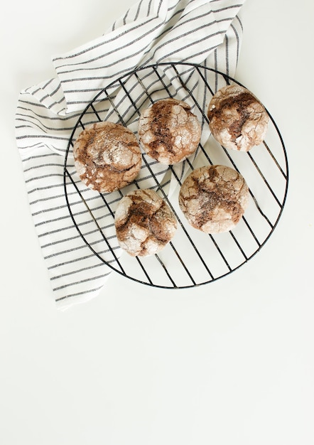 Chocolate brownie cookies in powdered sugar Chocolate Crinkles Copy space