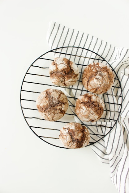 Chocolate brownie cookies in powdered sugar Chocolate Crinkles Copy space