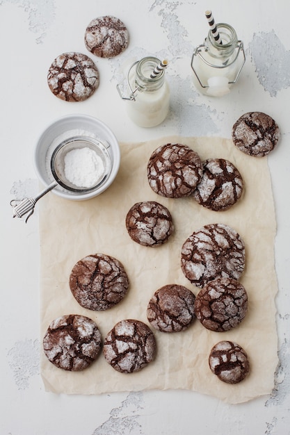 Chocolate brownie cookies in powdered sugar