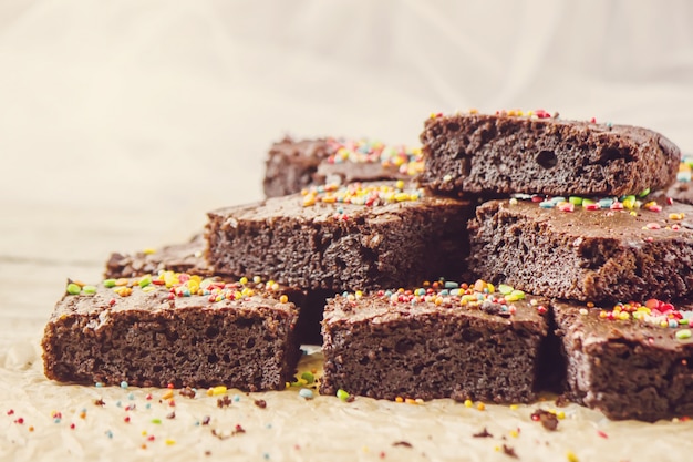 Chocolate brownie. Homemade baking. Selective focus. Food.