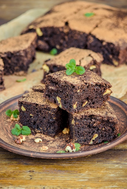 Chocolate brownie, selective focus. food and drink.