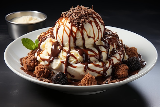 Chocolate Brownie Sundae Een decadent dessert met warme chocoladebrownie, vanille-ijs, slagroom en chocoladesaus Gegenereerd met AI