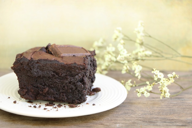 Chocolate brownie in white plate