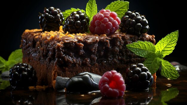 Photo chocolate brownie with berries and mint