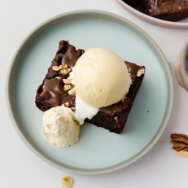 Photo chocolate brownie with ice cream on the plate