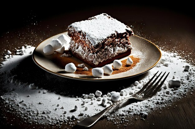 Chocolate brownie with nut crumb and powdered sugar made with generative ai