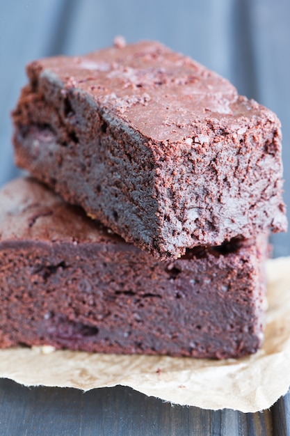 Chocolate brownie with raspberries