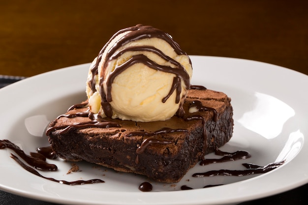 Chocolate Brownie with Vanilla Ice Cream in the plate.