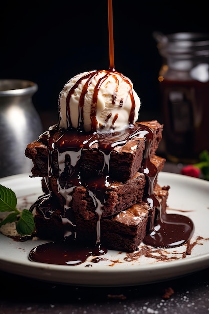 Chocolate brownie with vanilla ice cream