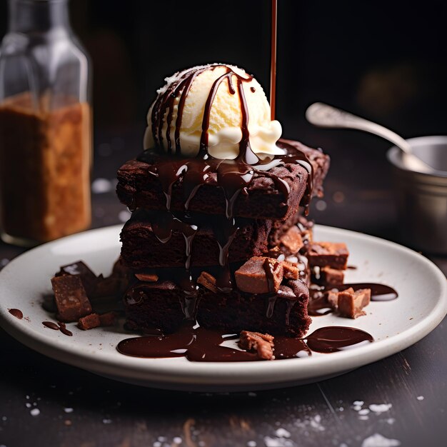 Photo chocolate brownie with vanilla ice cream