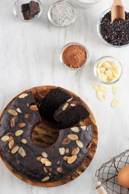 Chocolate Brownies Black Sticky Rice Flour Brownies Ketan Hitam with Sliced Almond Top View